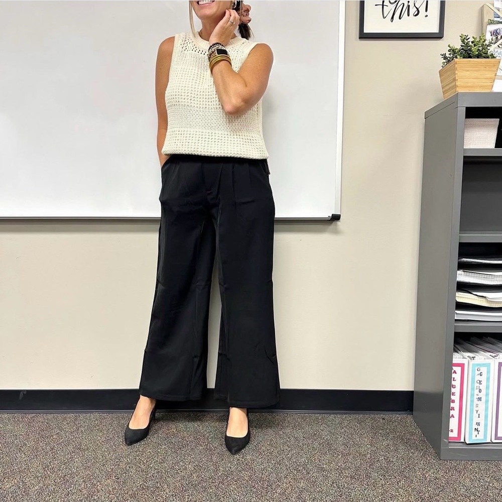 Black Wide Leg Women's Pleated Trousers